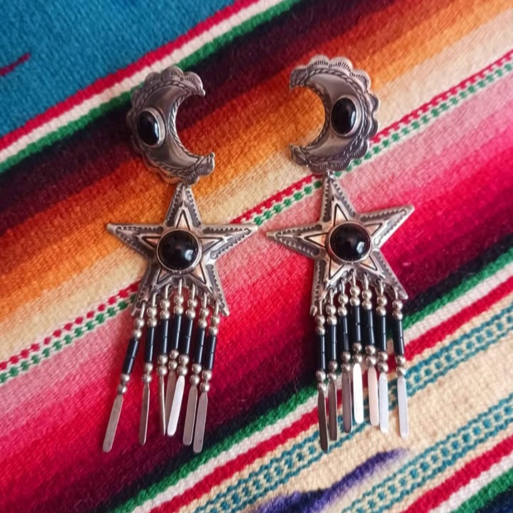 Silver/Black Star Sterling Stamped Earrings
